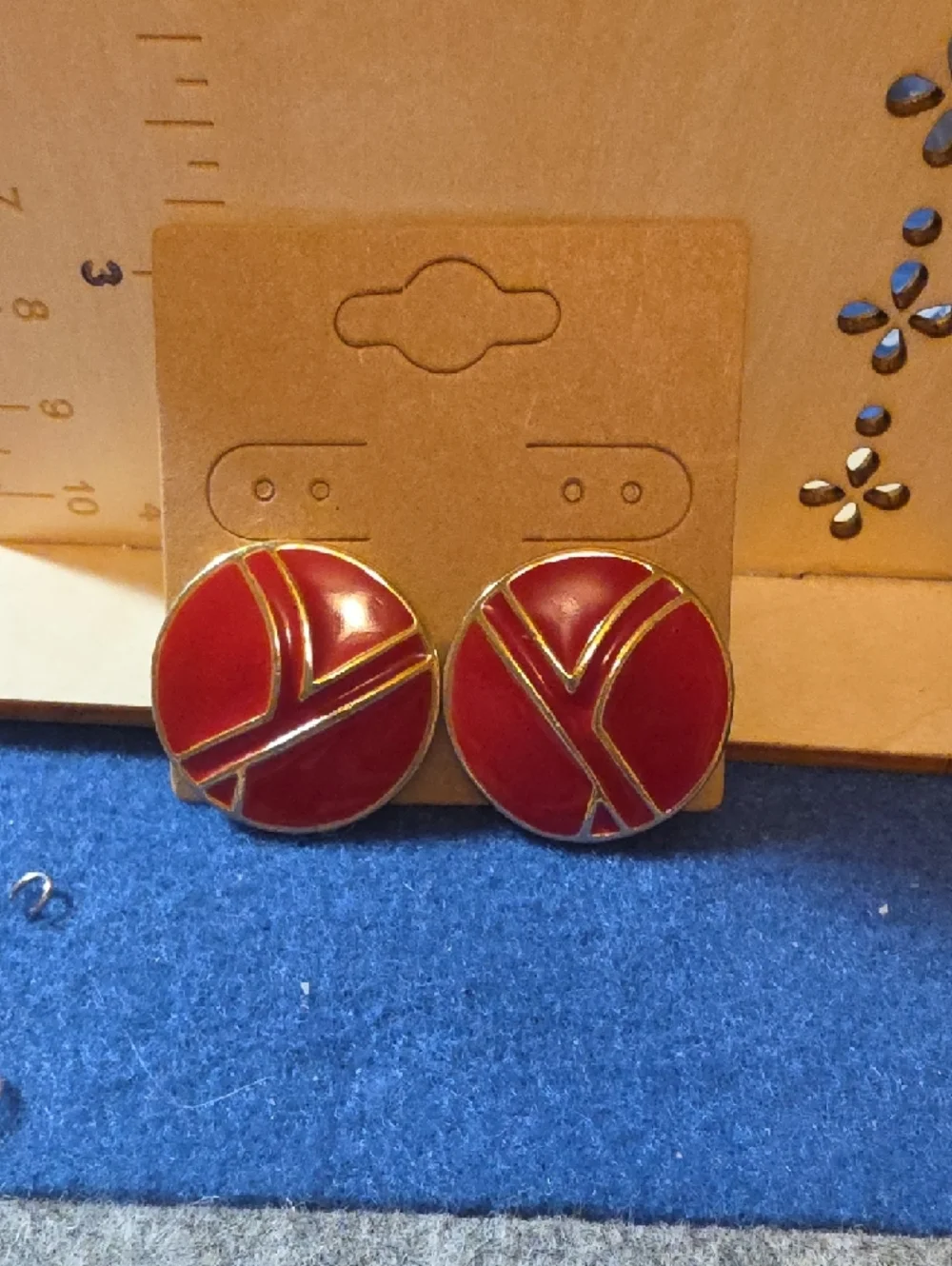 Trifari Red Enamel Round Clip-On Earrings with Gold Accents - Picture 3 of 3
